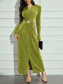 Modelyn 女款優雅金屬飾腰修身長袖洋裝，秋季長版晚禮服 - 橄欖綠 - 查看 4