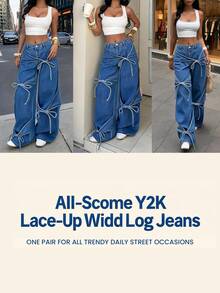 SHEIN Tall Women's Casual Washed Tie-Waist Wide Leg Jeans - Blue - View 13
