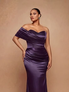 Vowa Plus Size Elegant Romantic Luxury Brown One-Shoulder Cloud Print Ruched Waist Fitted Bodycon Mermaid Hem With Train Evening Gown For Wedding Party Celebration Formal Event Heavy Embellished - Brown - View 2