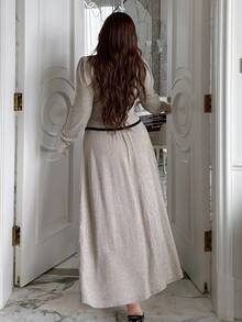 Dazy Plus Autumn New Elegant Square Neck Waist-Cinching Top And Long Flared Skirt 2 Pieces Set - Grey - View 2