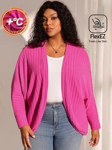 BrightlyHer Plus Size Solid Ribbed Shawl Collar Long Sleeve Knit Cardigan Autumn 2026 Business Club Fuchsia Pink Casual Western - Hot Pink - View 1
