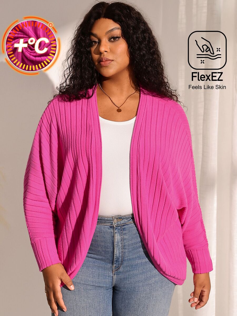 BrightlyHer Plus Size Solid Ribbed Shawl Collar Long Sleeve Knit Cardigan Autumn 2026 Business Club Fuchsia Pink Casual Western - Hot Pink - View 1