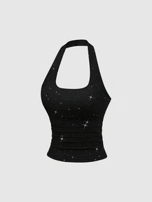 Sweetra Women's Black Sequin Simple Casual Comfortable Versatile U-Neck Tank Top - Black - View 5