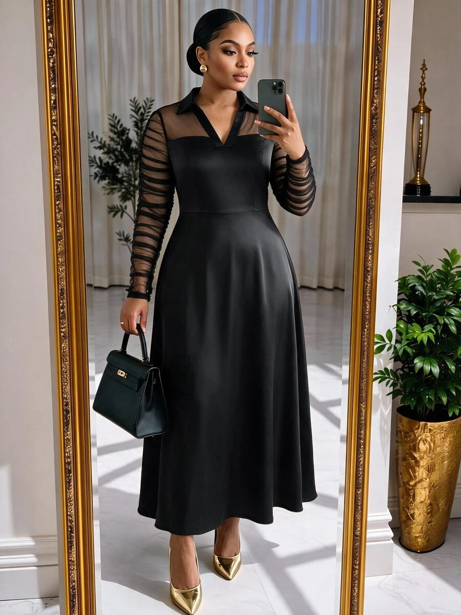 SHEIN Lady CURVE فستان أنيق للنساء بمقاسات كبيرة مع أكمام طويلة وياقة وشبكة متباينة - الأسود - مشاهدة 1