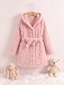 SHEIN 大童女孩休閒日常童裝紋理毛絨家居服 秋冬款 - 粉色 - 查看 1