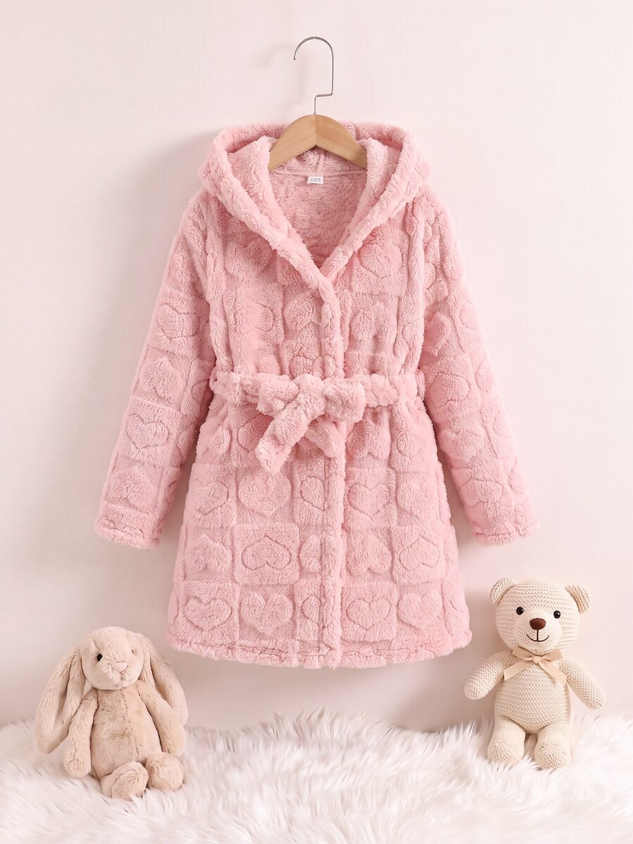 SHEIN 大童女孩休閒日常童裝紋理毛絨家居服 秋冬款 - 粉色 - 查看 1