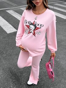 Lyckli Betty Boop x SHEIN Setelan Hamil 2 Potong: Sweatshirt Lengan Panjang Motif Huruf & Bintang dan Celana Flare Pinggang Dapat Disesuaikan, Musim Gugur - Berwarna merah muda - View 5