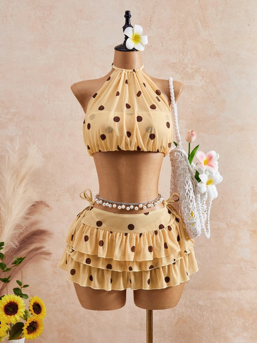Bellisia 2026SS Spring/Summer Y2K Tropical Cute Retro Beige Polka Dot Print 3 Pieces Women's Swimsuit Set Vacation Beach Pool Party - Multicolor - View 1