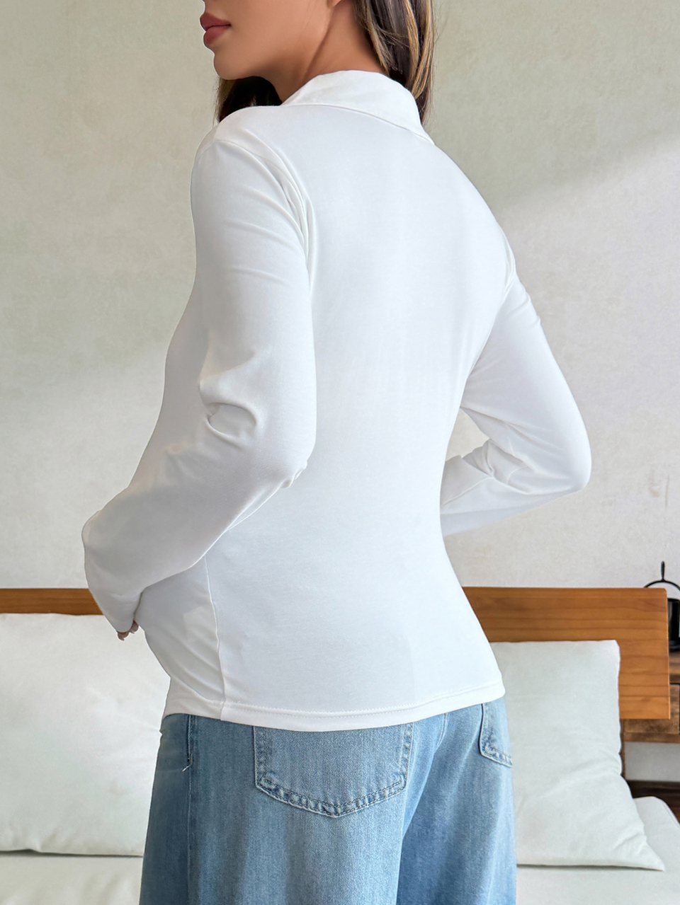 Solid Color Elastic Fitted Long Sleeve Polo Collar Casual Vacation Korean Style Spring Autumn Maternity T-Shirt