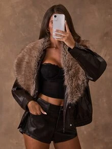 SHEIN BAE Women's Loose Short Faux Leather Motorcycle Jacket With Fur Collar, Faux Fur Lining, Thickened - Black - View 4