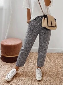 SHEIN 女款夏季紙袋腰直筒牛仔褲 - 灰色 - 查看 2