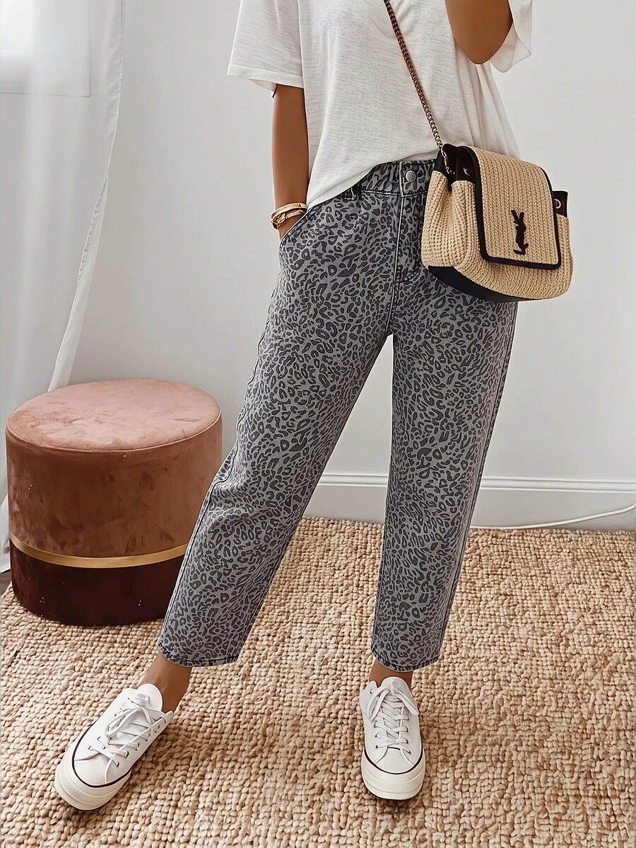 SHEIN Celana Jeans Wanita Musim Panas Model Paperbag Pinggang Lurus - Grey - View 1