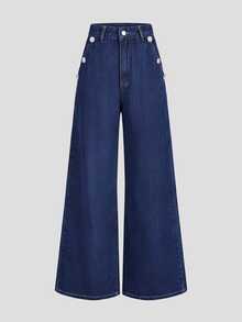 Elenzga Celana Panjang Denim Biru Tua Wanita Serbaguna untuk Semua Musim, Motif Kancing, Banyak Saku, Potongan Lebar - Dark Wash - View 3