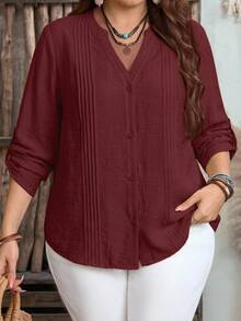 Modelyn Plus Size Women Solid Color Rolled Sleeve Notch V-Neck Blouse - Burgundy - View 9
