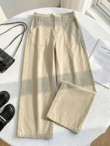 SHEIN 青少年女孩卡其色寬鬆寬腿牛仔褲 - 卡其色 - 查看 5