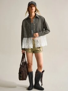 Women's Vintage Plaid Contrast Lace Blouse - Army Green - View 3