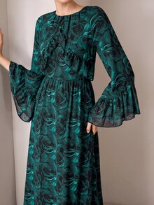 Graceveil Gaun Panjang Chiffon Bertekstur Bunga Hijau Tua dengan Hem Berlipit dan Berkerut, Leher Bulat, Lengan Mengembang Longgar, Gaya Elegan - MultiWarna - View 3