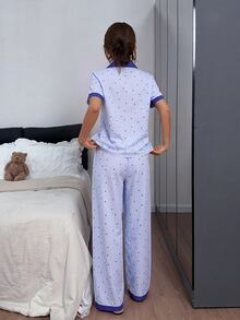 Napfluff 甜心條紋印花蝴蝶結刺繡口袋拼色領睡衣套裝 - 藍色 - 查看 3