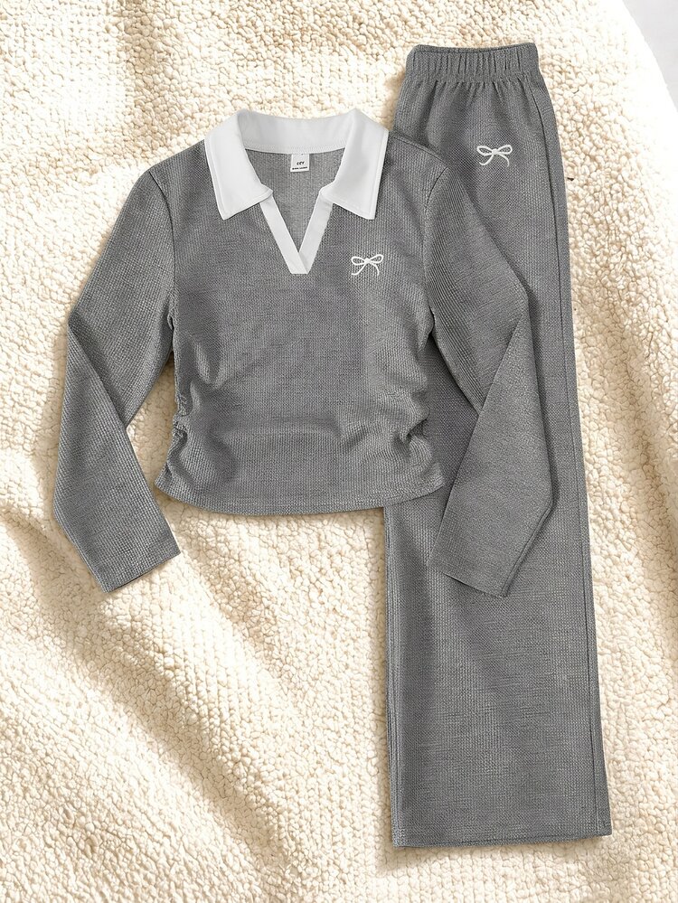 Tween Girls' Casual Versatile All-Match Daily Slim Fit Short Bow Embroidered Long Sleeve Knit T-Shirt Top + Elastic Straight Leg Striped Pants Set, Suitable For Daily Commute, School, Sports Wear - Grey - View 6