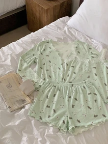 DAZY 3件組可愛熊圖案滿版印花細肩帶開襟上衣與短褲女款睡衣套裝 - 綠色 - 查看 5