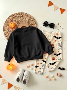 Oo Cute To Spook 嬰兒女童萬聖節套裝，可愛幽靈與南瓜印花衛衣搭配蜘蛛網圖案內搭褲套裝 (2件組)，秋季服飾系列 - 彩色 - 查看 2