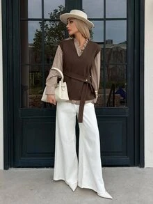 DAZY Fall/ V-Neck Sleeveless Dark Brown Side Belt Metal Buckle Decor Layered Loose Casual Commute Office Business Women's Wool Vest Winter - Brown - View 4