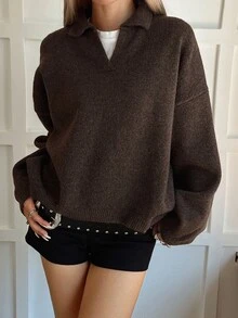 DAZY 女款純色極簡休閒V領針織毛衣 - 棕色 - 查看 3