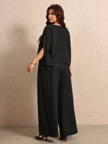Elaquor Plus Size Solid Color Cape Sleeve Top Pants 2 Pieces Set Brunch Formal Party Black Autumn Elegant Office Business Work Fall/Winter - Black - View 3