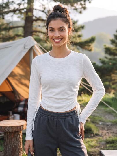 Exploreva White Drawstring Ruched Crew Neck Long Sleeve Outdoor T-Shirt