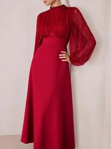 Graceveil Women's Lace Patchwork Stand Collar Long Sleeve Ruched Cinched Waist Flared Elegant Party Dress - Burgundy - View 2