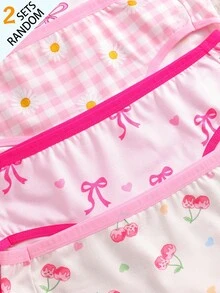 3 conjuntos aleatorios de camisola básica con estampado de lazo, cereza y margarita rosa dulce para niña preadolescente, conjunto de triángulo - Multicolor - Ver 6