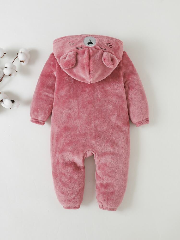 Cozy Pixies Baby Girls Baby Girl Cute Bear Embroidered Thick Fleece Jumpsuit Casual Versatile Warm Autumn/Winter New Style - Pink - View 2