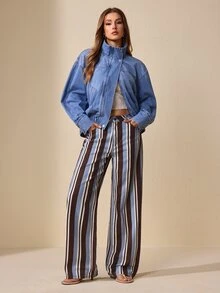 Selenza Celana Jeans Denim Kasual Longgar Potongan Lurus Motif Garis-garis untuk Wanita - MultiWarna - View 5
