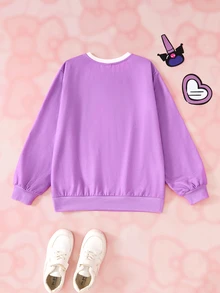HELLO KITTY AND FRIENDS | SHEIN Tween Girl Letter Print Crew Neck Long Sleeve Casual Sweatshirt - Purple - View 2