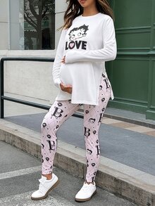 Lyckli Betty Boop x SHEIN Maternity Cartoon Print Split Hem T-Shirt And Adjustable Waist Fitted Leggings 2 Pieces Set - Pink - View 8