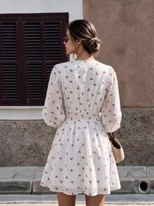 Flora Isola Flora Isola Women's Summer Off-White Cherry Print V-Neck Puff Lantern Long Sleeve Elastic Waist A-Line Mini Dress - Beige - View 2