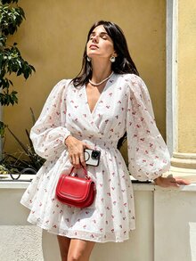Flora Isola Flora Isola Women's Summer Off-White Cherry Print V-Neck Puff Lantern Long Sleeve Elastic Waist A-Line Mini Dress - Beige - View 1