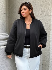 Easura Plus Size Women's Autumn/Winter Long Sleeve Short Baseball Jacket Cotton Padded - Black - View 4