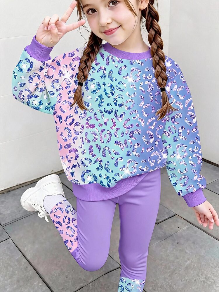 Young Girls' Sweatshirt Set, Colorful Leopard Print, Suitable For Autumn And Winter, Minimalist Casual, Fashionable - Multicolor - View 1
