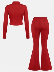 SHEIN Girlism NovaGlow Tween Girl Tween Girl Sporty Casual Daily Knit Solid Color Cardigan Jacket & Flared Long Pants Set - Red - View 5