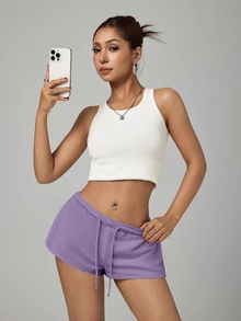 SHEIN PETITE 女款純色鬆緊腰寬鬆休閒短褲 - 淺灰紫 - 查看 5