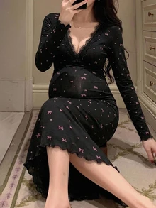Dazy Maternity Bowknot All-Over Floral Print Slim Fit Waist-Cinching Lace Trim Long Sleeve Elegant Home Daily Spring Autumn Long Dress Maternity Dress - Black - View 4