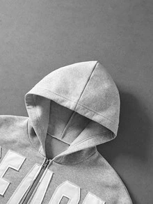 ROMWE MEN Street Life 男士字母刺繡長袖拉鍊休閒連帽衫 - 灰色 - 查看 4