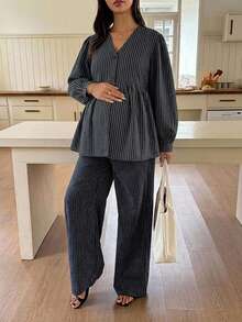 Dazy Maternity 時尚條紋套裝 寬鬆短袖上衣＋休閒長褲 日常穿著 孕婦 2件式套裝 - 黑色 - 查看 4