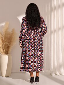EMERY ROSE Gaun Wanita Ukuran Besar Lengan Panjang Motif Geometris dengan Saku, Kasual Elegan, Cocok untuk Musim Gugur, Kantor, Formal, dan Acara Malam, Warna Hitam - MultiWarna - View 3