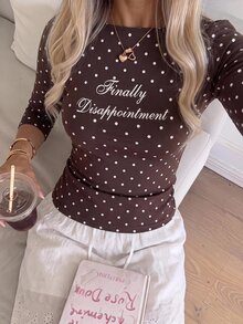 SHEIN EZwear 休閒極簡風 95% 棉性感露肩波點標語短袖 T 恤，適合春夏，春夏服飾搭配，奶油黃條紋顯白，夏季上衣，適合日常通勤、約會、聚會，秋冬春夏、聖誕節、新年、感恩節、派對、婚禮、海灘、畢業典禮，時尚 - 彩色 - 查看 3