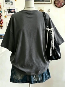 Lalippa Áo thun nữ cổ tròn màu xám in hoa dáng rộng tay ngắn phong cách thường ngày - Nhiều màu - Xem 2