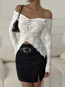 DAZY Women's Square Neck Lace Top Sexy Casual T-Shirt Fall - White - View 2