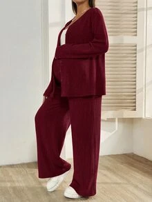 SHEIN 孕婦純色單排扣長袖上衣與可調腰圍長褲休閒兩件套 - 酒紅色 - 查看 6