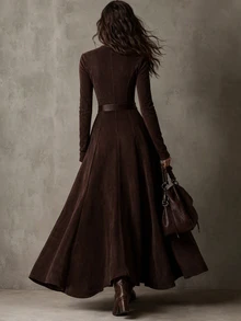 SHEIN Suede Velvet Fashion New Elegant Long Sleeve V-Neck Dress - Brown - View 2